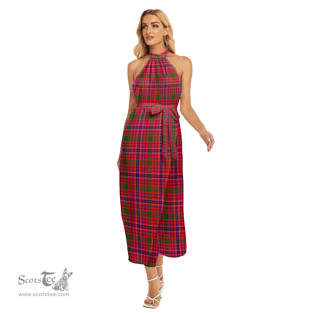 ScotsTee Shop Scottish MacRae Modern Clan Tartan Womens Wrap Hem Belted Halter Dress