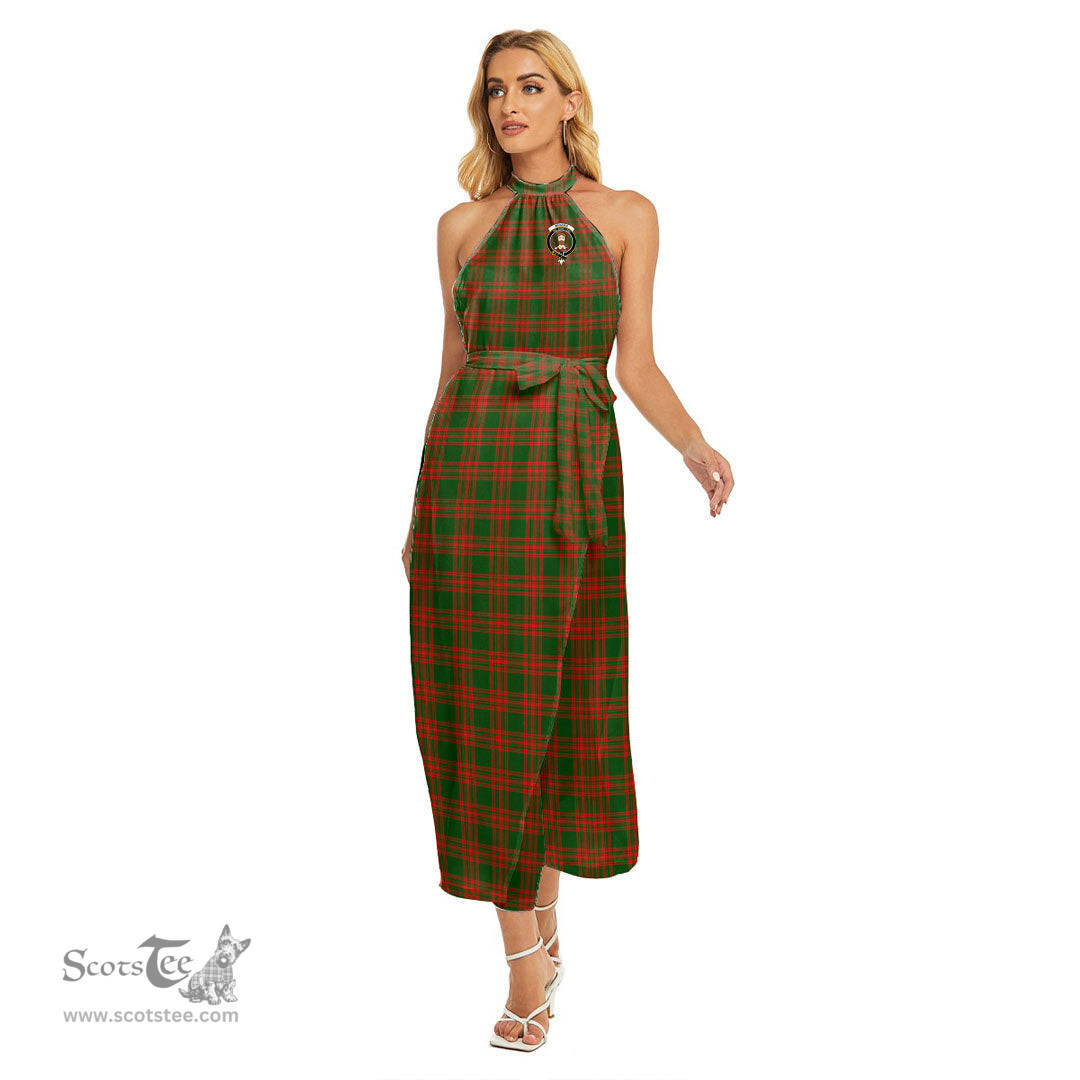 ScotsTee Shop Scottish Menzies Green Modern Clan Crest Tartan Womens Wrap Hem Belted Halter Dress
