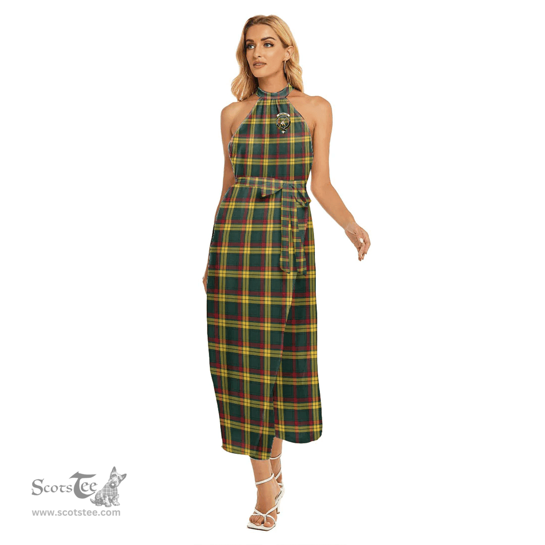 ScotsTee Shop Scottish MacMillan Old Modern Clan Crest Tartan Womens Wrap Hem Belted Halter Dress