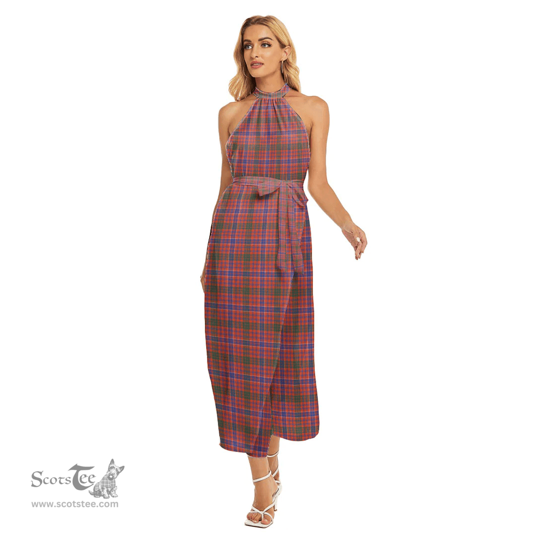 ScotsTee Shop Scottish MacRae Ancient Clan Tartan Womens Wrap Hem Belted Halter Dress