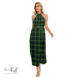 ScotsTee Shop Scottish MacArthur Modern Clan Tartan Womens Wrap Hem Belted Halter Dress