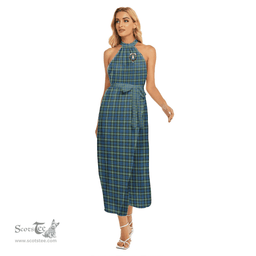 ScotsTee Shop Scottish Lamont Ancient Clan Crest Tartan Womens Wrap Hem Belted Halter Dress