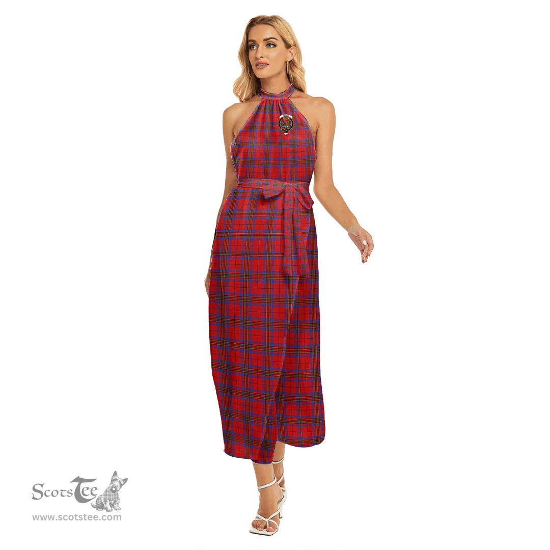 ScotsTee Shop Scottish Leslie Modern Clan Crest Tartan Womens Wrap Hem Belted Halter Dress