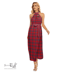 ScotsTee Shop Scottish Leslie Modern Clan Crest Tartan Womens Wrap Hem Belted Halter Dress