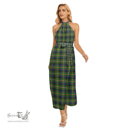 ScotsTee Shop Scottish Reid Green Clan Tartan Womens Wrap Hem Belted Halter Dress