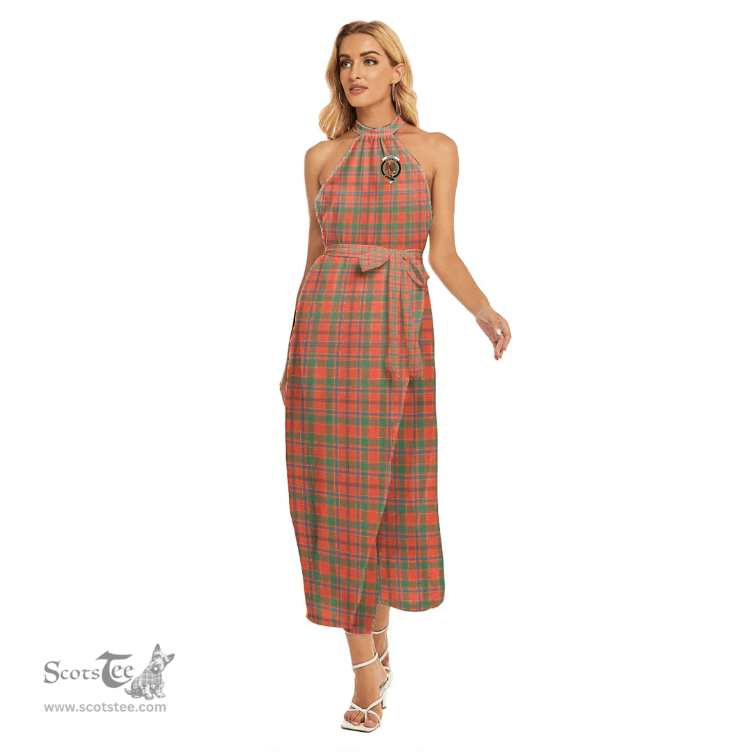 ScotsTee Shop Scottish Munro Ancient Clan Crest Tartan Womens Wrap Hem Belted Halter Dress