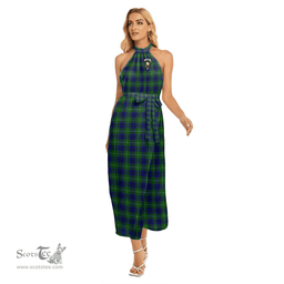 ScotsTee Shop Scottish Oliphant Modern Clan Crest Tartan Womens Wrap Hem Belted Halter Dress