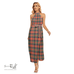 ScotsTee Shop Scottish Stewart Royal Ancient Clan Tartan Womens Wrap Hem Belted Halter Dress