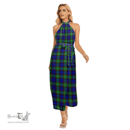 ScotsTee Shop Scottish Sempill Modern Clan Tartan Womens Wrap Hem Belted Halter Dress