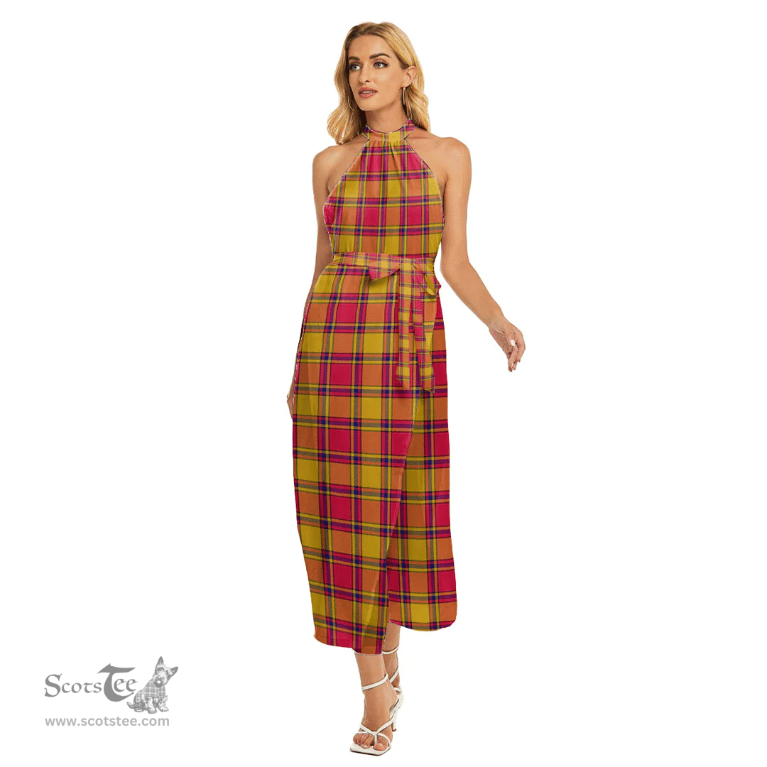 ScotsTee Shop Scottish Scrymgeour Clan Tartan Womens Wrap Hem Belted Halter Dress