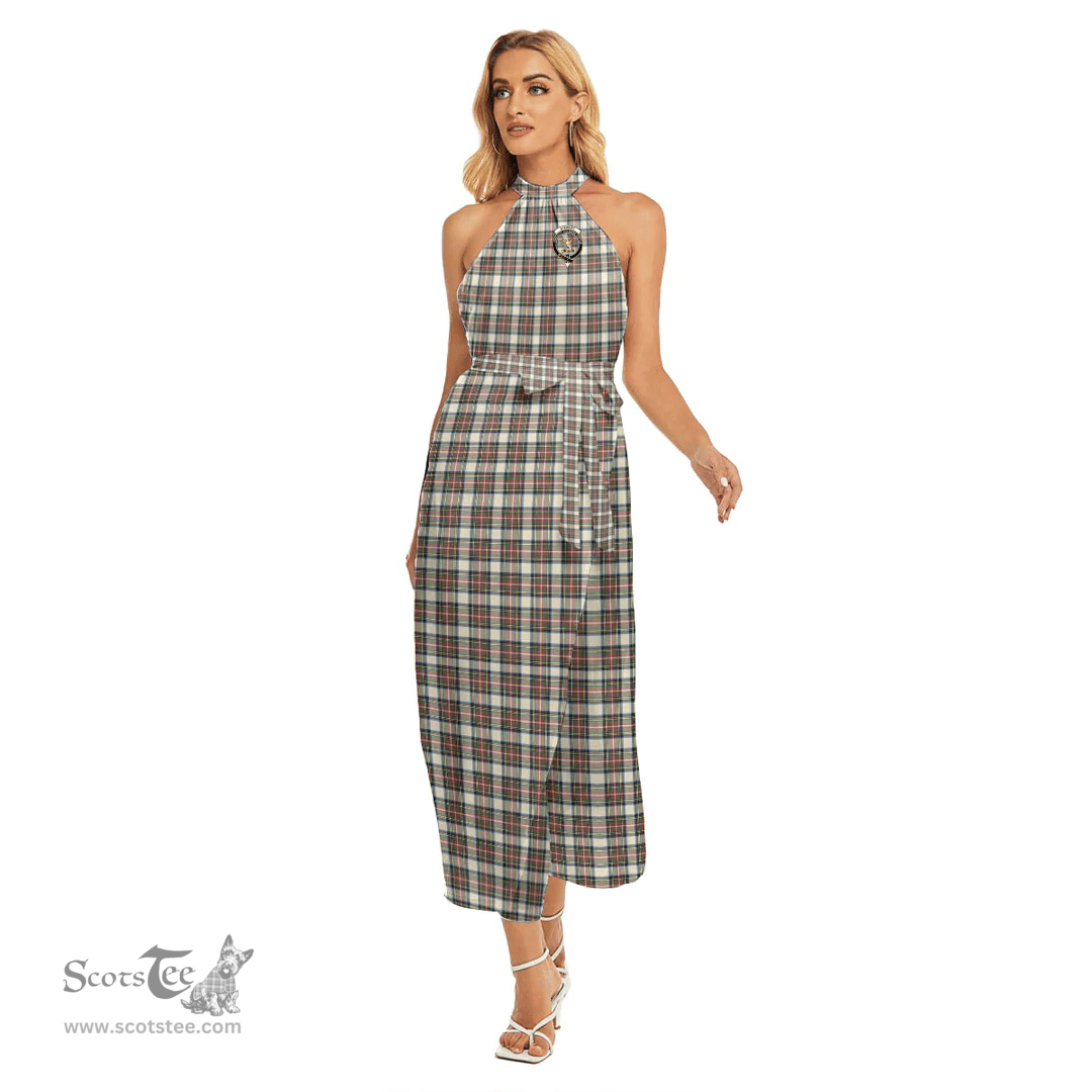 ScotsTee Shop Scottish Stewart Dress Ancient Clan Crest Tartan Womens Wrap Hem Belted Halter Dress