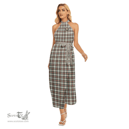 ScotsTee Shop Scottish Stewart Dress Ancient Clan Crest Tartan Womens Wrap Hem Belted Halter Dress