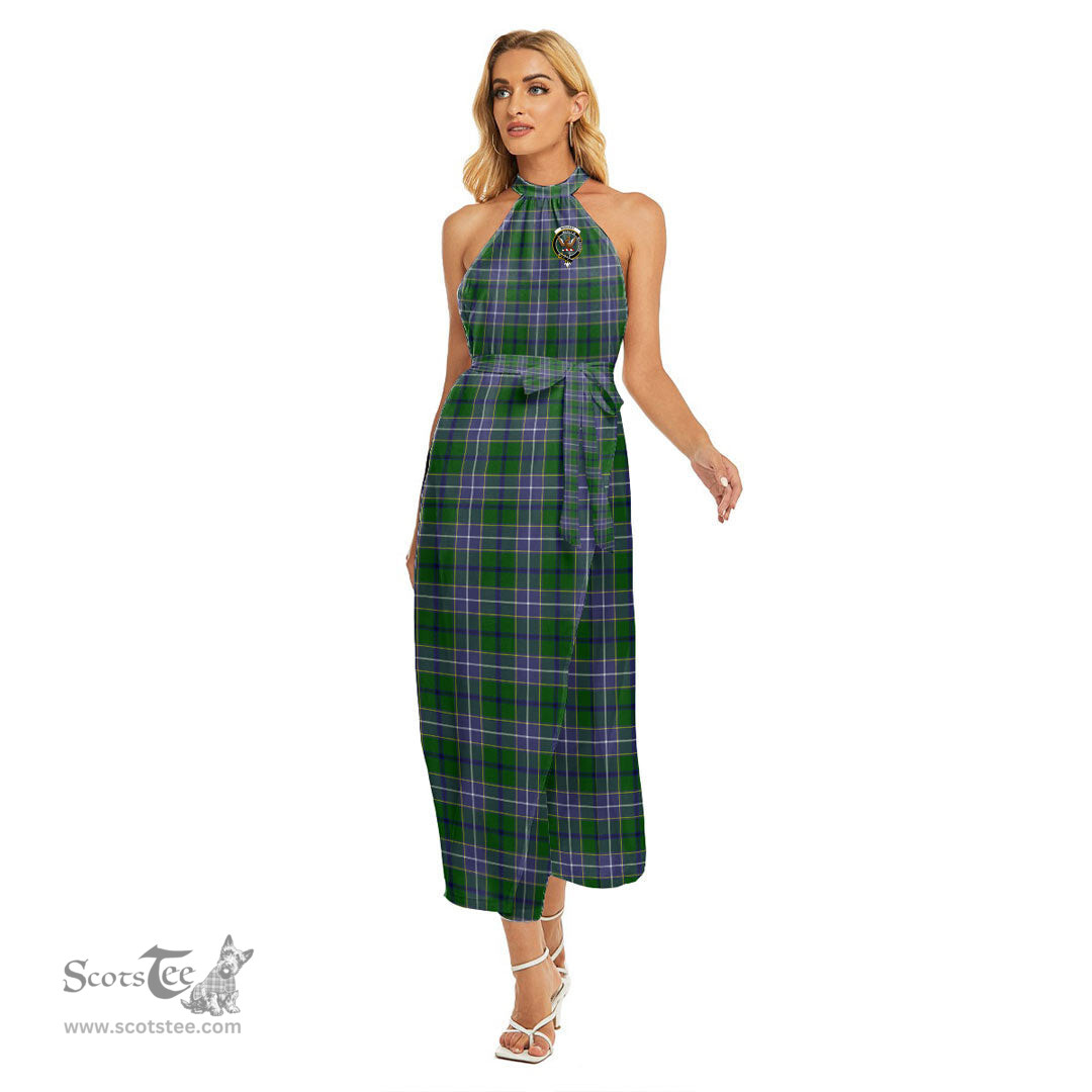 ScotsTee Shop Scottish Wishart Hunting Modern Clan Crest Tartan Womens Wrap Hem Belted Halter Dress