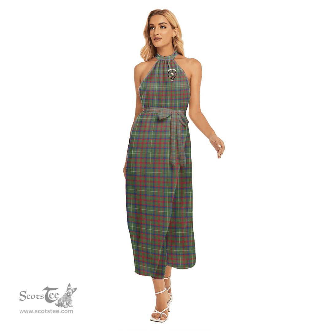 ScotsTee Shop Scottish Shaw Green Modern Clan Crest Tartan Womens Wrap Hem Belted Halter Dress