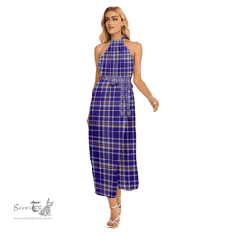 ScotsTee Shop Scottish Ochterlony Clan Tartan Womens Wrap Hem Belted Halter Dress