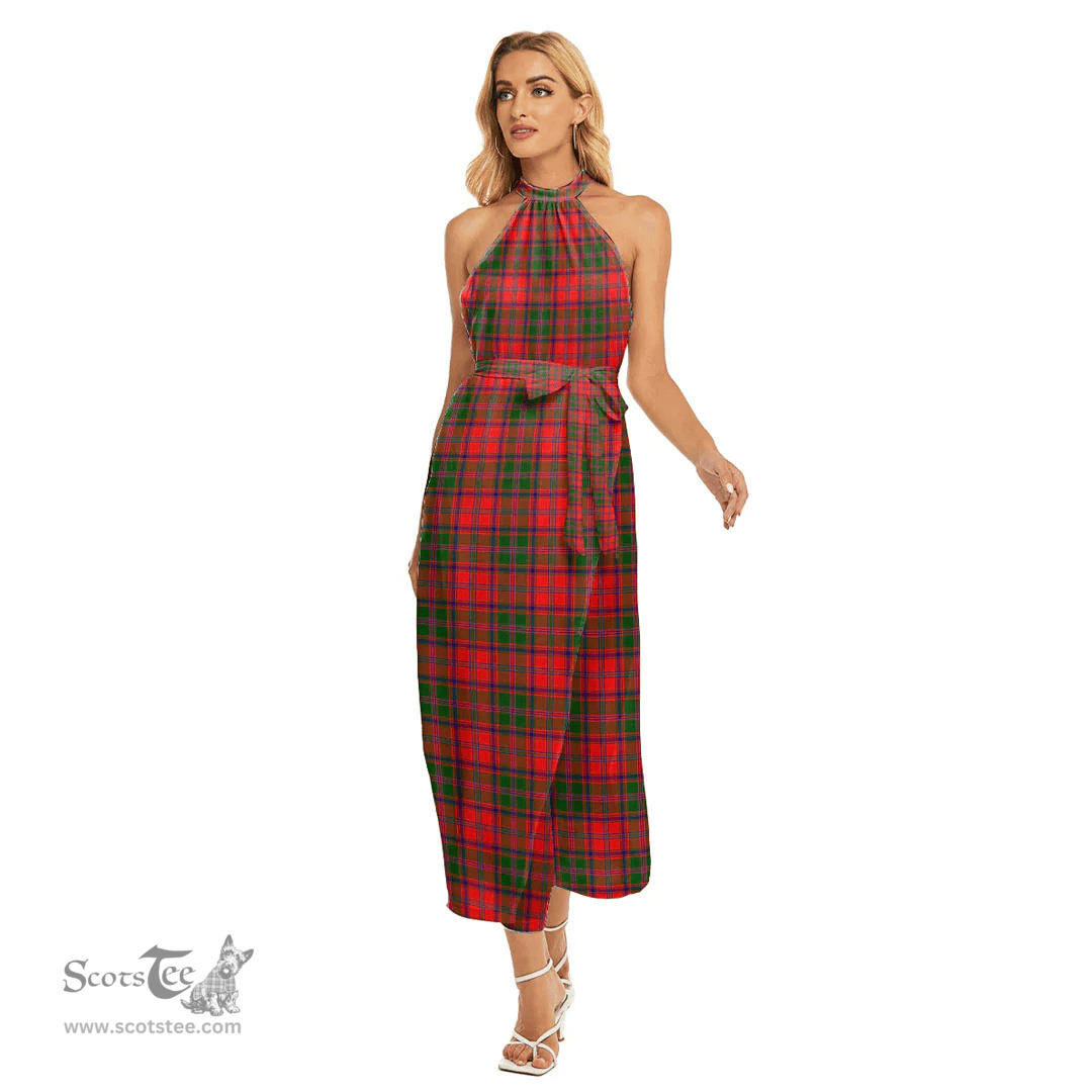 ScotsTee Shop Scottish Stewart of Appin Modern Clan Tartan Womens Wrap Hem Belted Halter Dress