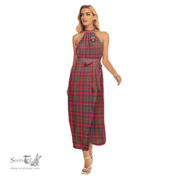 ScotsTee Shop Scottish Shaw Red Modern Clan Crest Tartan Womens Wrap Hem Belted Halter Dress