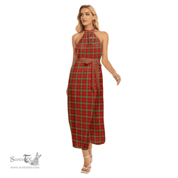 ScotsTee Shop Scottish Morrison Red Modern Clan Crest Tartan Womens Wrap Hem Belted Halter Dress