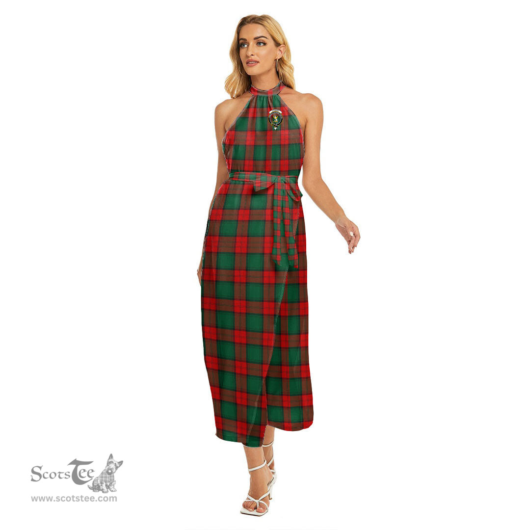 ScotsTee Shop Scottish Stewart Atholl Modern Clan Crest Tartan Womens Wrap Hem Belted Halter Dress