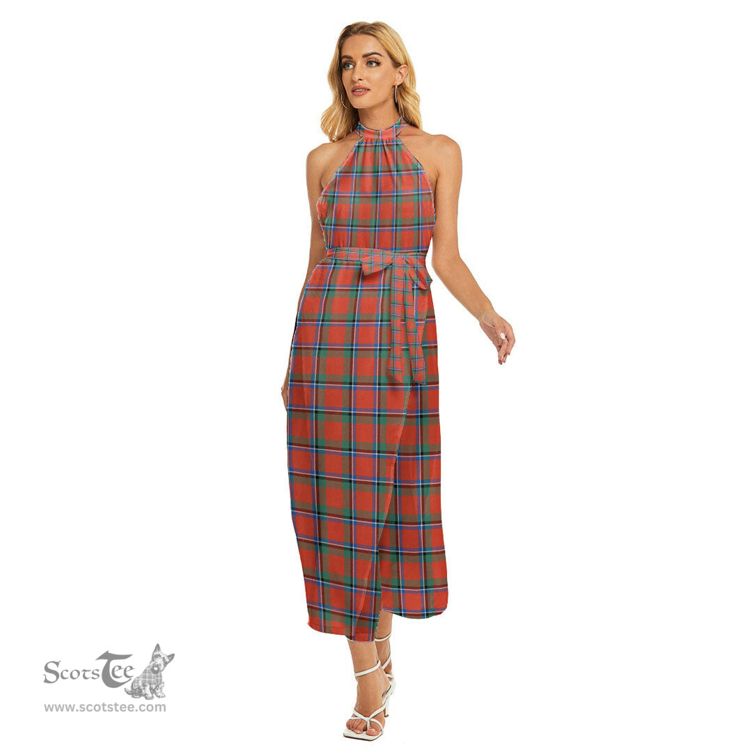 ScotsTee Shop Scottish Sinclair Ancient Clan Tartan Womens Wrap Hem Belted Halter Dress