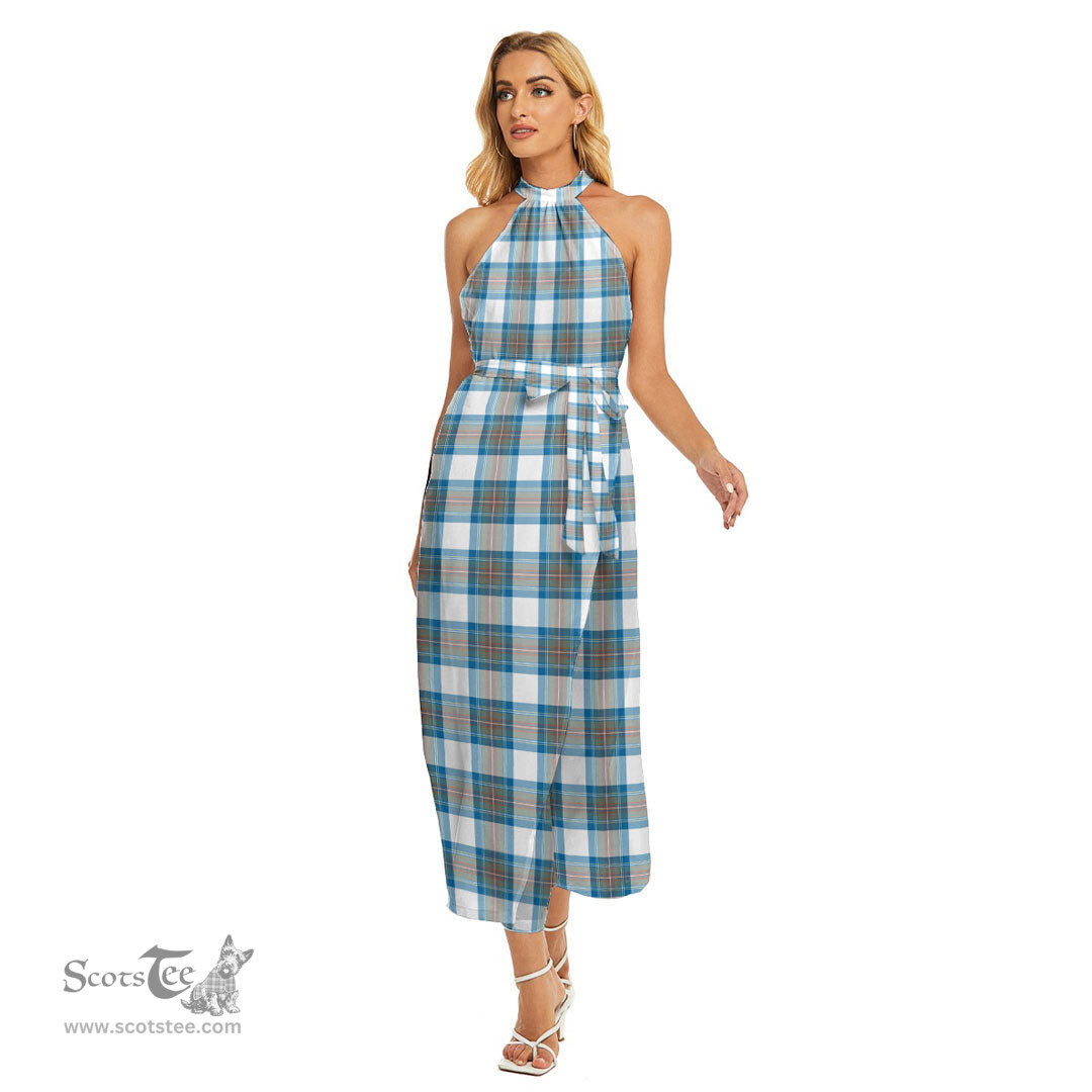ScotsTee Shop Scottish Stewart Muted Blue Clan Tartan Womens Wrap Hem Belted Halter Dress