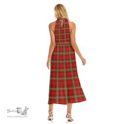 ScotsTee Shop Scottish Morrison Red Modern Clan Tartan Womens Wrap Hem Belted Halter Dress