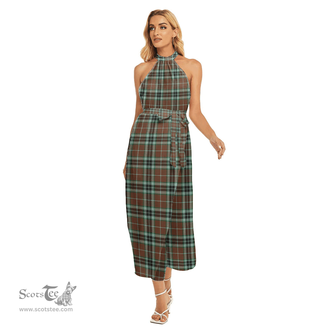 ScotsTee Shop Scottish Thomson Hunting Modern Clan Tartan Womens Wrap Hem Belted Halter Dress