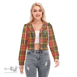 ScotsTee Shop Scottish Buchanan Old Set Weathered Clan Crest Tartan Womens Cropped Zip Up Hoodie