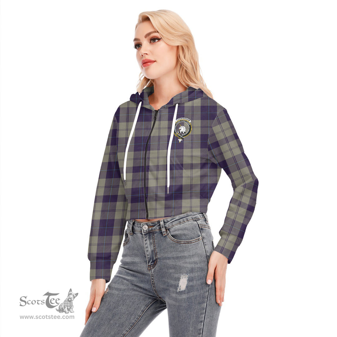 ScotsTee Shop Scottish Cunningham Dress Blue Dancers Clan Crest Tartan Womens Cropped Zip Up Hoodie