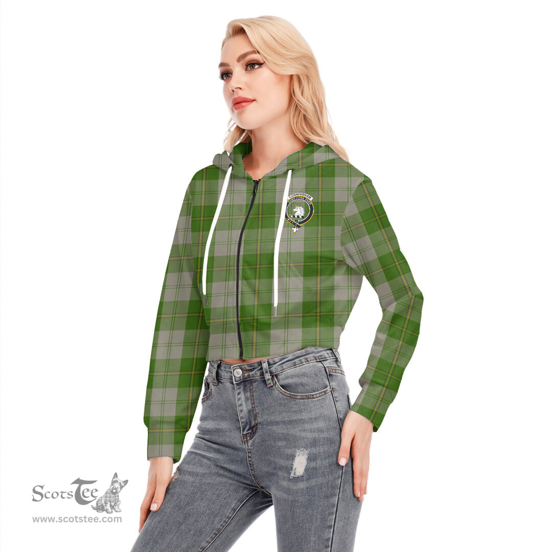 ScotsTee Shop Scottish Cunningham Dress Green Dancers Clan Crest Tartan Womens Cropped Zip Up Hoodie