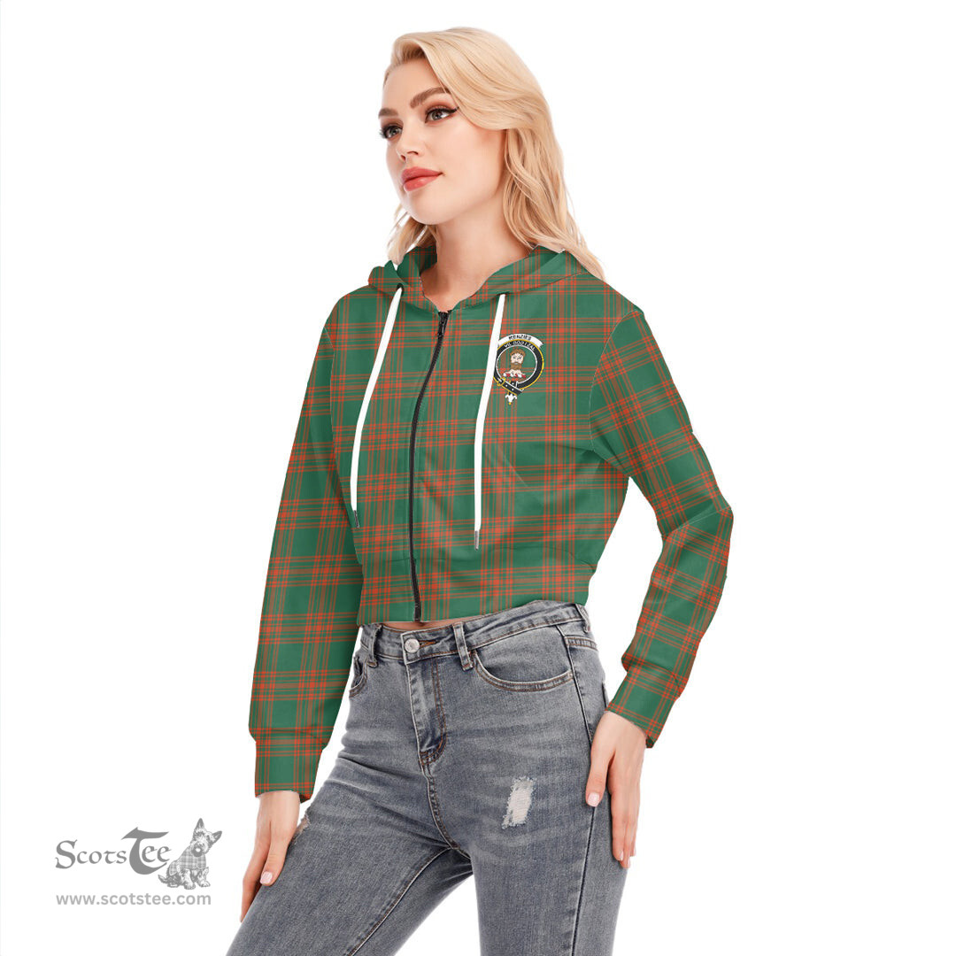 ScotsTee Shop Scottish Menzies Green Ancient Clan Crest Tartan Womens Cropped Zip Up Hoodie