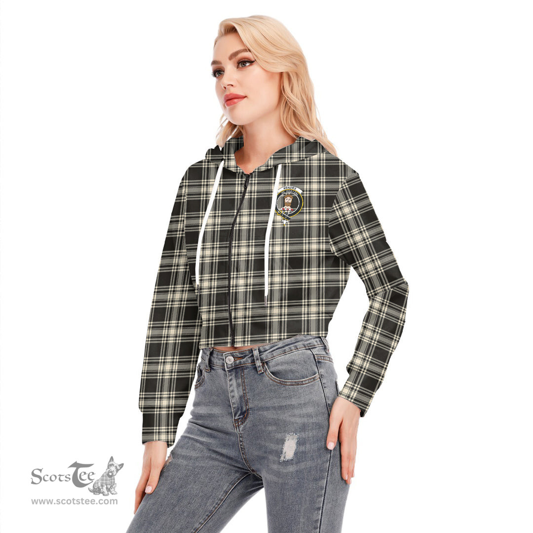 ScotsTee Shop Scottish Menzies Black White Ancient Clan Crest Tartan Womens Cropped Zip Up Hoodie