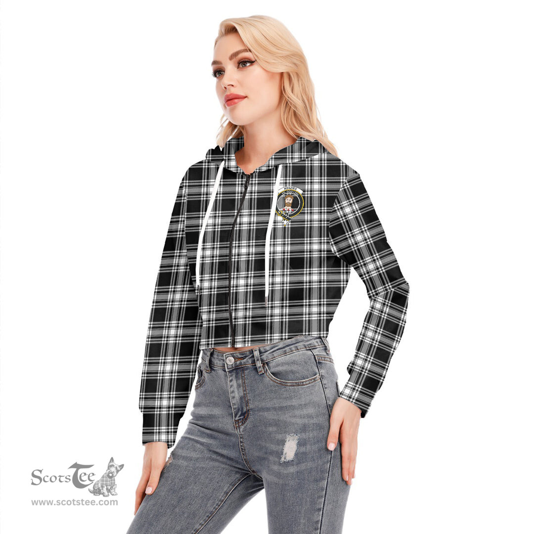 ScotsTee Shop Scottish Menzies Black White Modern Clan Crest Tartan Womens Cropped Zip Up Hoodie