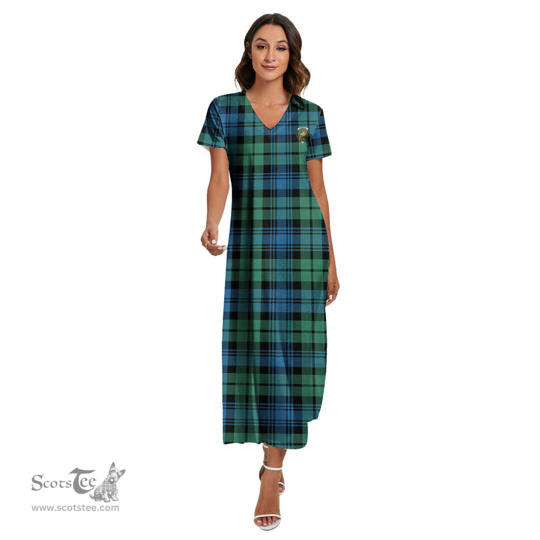 ScotsTee Shop Scottish Campbell Ancient 01 Clan Crest Tartan Womens Fitted V-neck Side Slit Maxi Dress