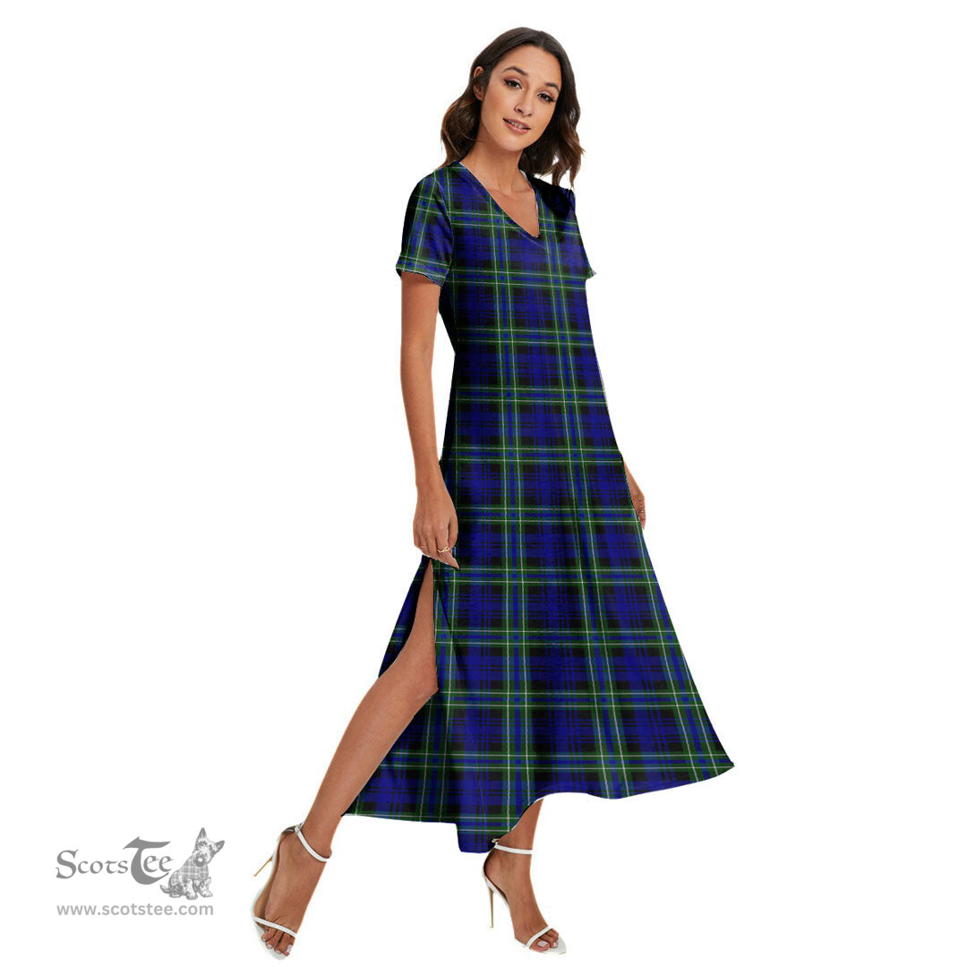 ScotsTee Shop Scottish Arbuthnot Modern Clan Tartan Womens Fitted V-neck Side Slit Maxi Dress