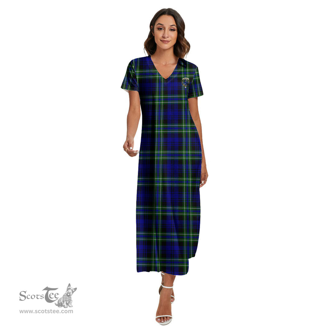 ScotsTee Shop Scottish Arbuthnot Modern Clan Crest Tartan Womens Fitted V-neck Side Slit Maxi Dress
