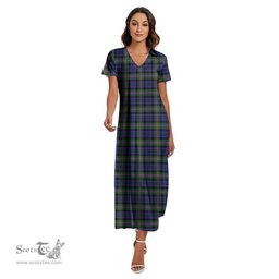 ScotsTee Shop Scottish Baird Modern Clan Tartan Womens Fitted V-neck Side Slit Maxi Dress