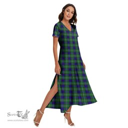ScotsTee Shop Scottish Alexander Clan Tartan Womens Fitted V-neck Side Slit Maxi Dress