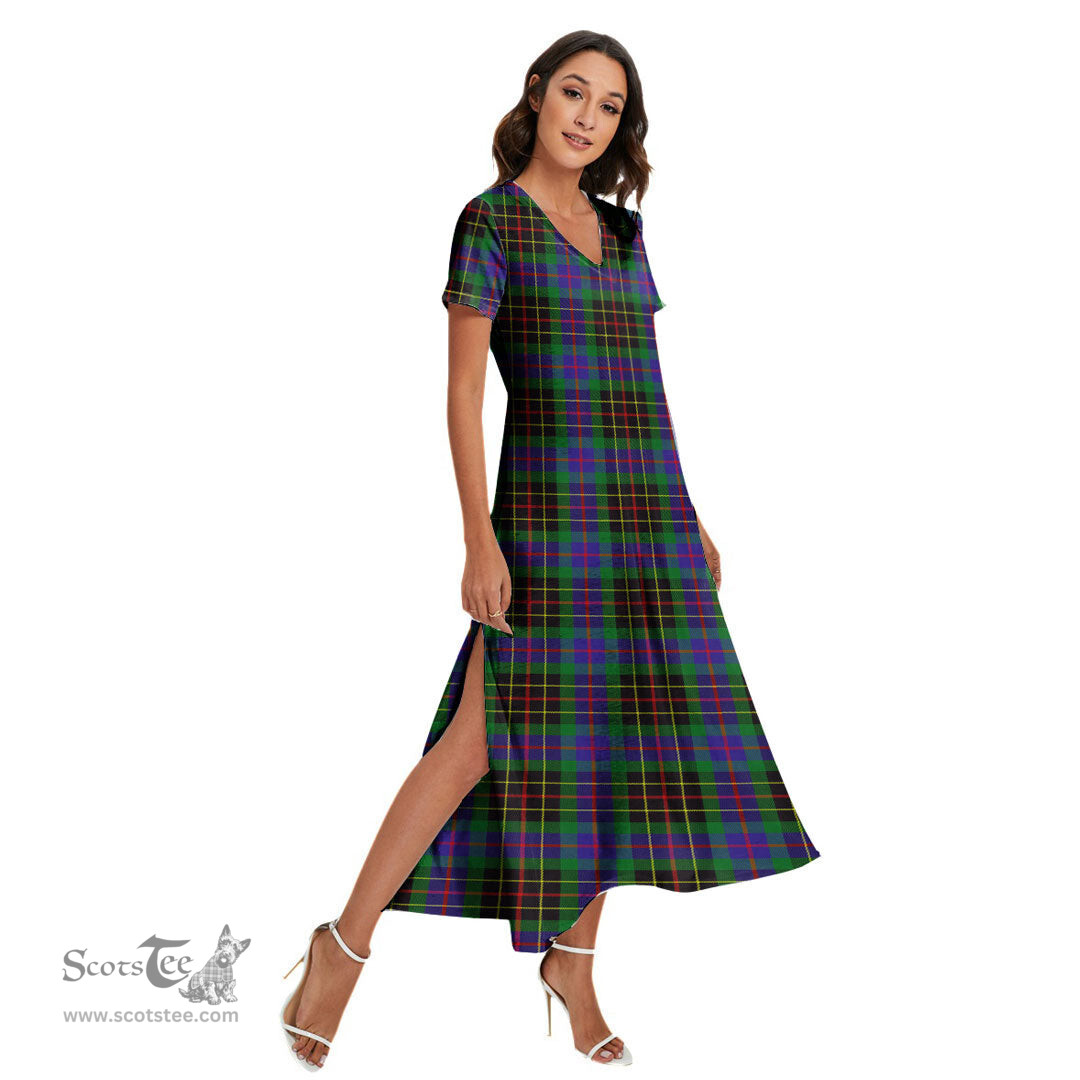 ScotsTee Shop Scottish Brodie Hunting Modern Clan Tartan Womens Fitted V-neck Side Slit Maxi Dress