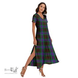 ScotsTee Shop Scottish Brodie Hunting Modern Clan Tartan Womens Fitted V-neck Side Slit Maxi Dress