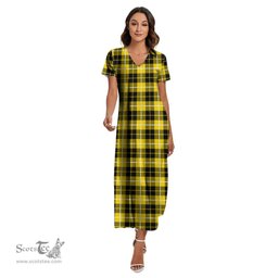 ScotsTee Shop Scottish Barclay Dress Modern Clan Tartan Womens Fitted V-neck Side Slit Maxi Dress