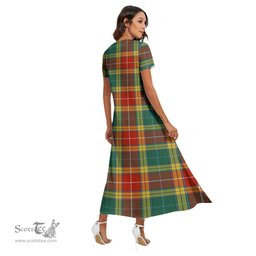 ScotsTee Shop Scottish Buchanan Old Sett Clan Crest Tartan Womens Fitted V-neck Side Slit Maxi Dress