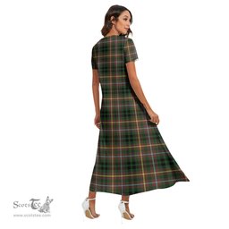 ScotsTee Shop Scottish Buchanan Hunting Clan Crest Tartan Womens Fitted V-neck Side Slit Maxi Dress