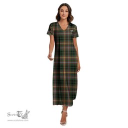 ScotsTee Shop Scottish Buchanan Hunting Clan Crest Tartan Womens Fitted V-neck Side Slit Maxi Dress