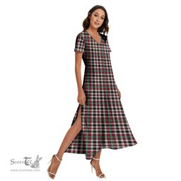 ScotsTee Shop Scottish Borthwick Dress Ancient Clan Tartan Womens Fitted V-neck Side Slit Maxi Dress