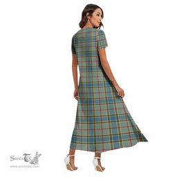 ScotsTee Shop Scottish Balfour Blue Clan Tartan Womens Fitted V-neck Side Slit Maxi Dress