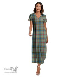 ScotsTee Shop Scottish Balfour Blue Clan Tartan Womens Fitted V-neck Side Slit Maxi Dress