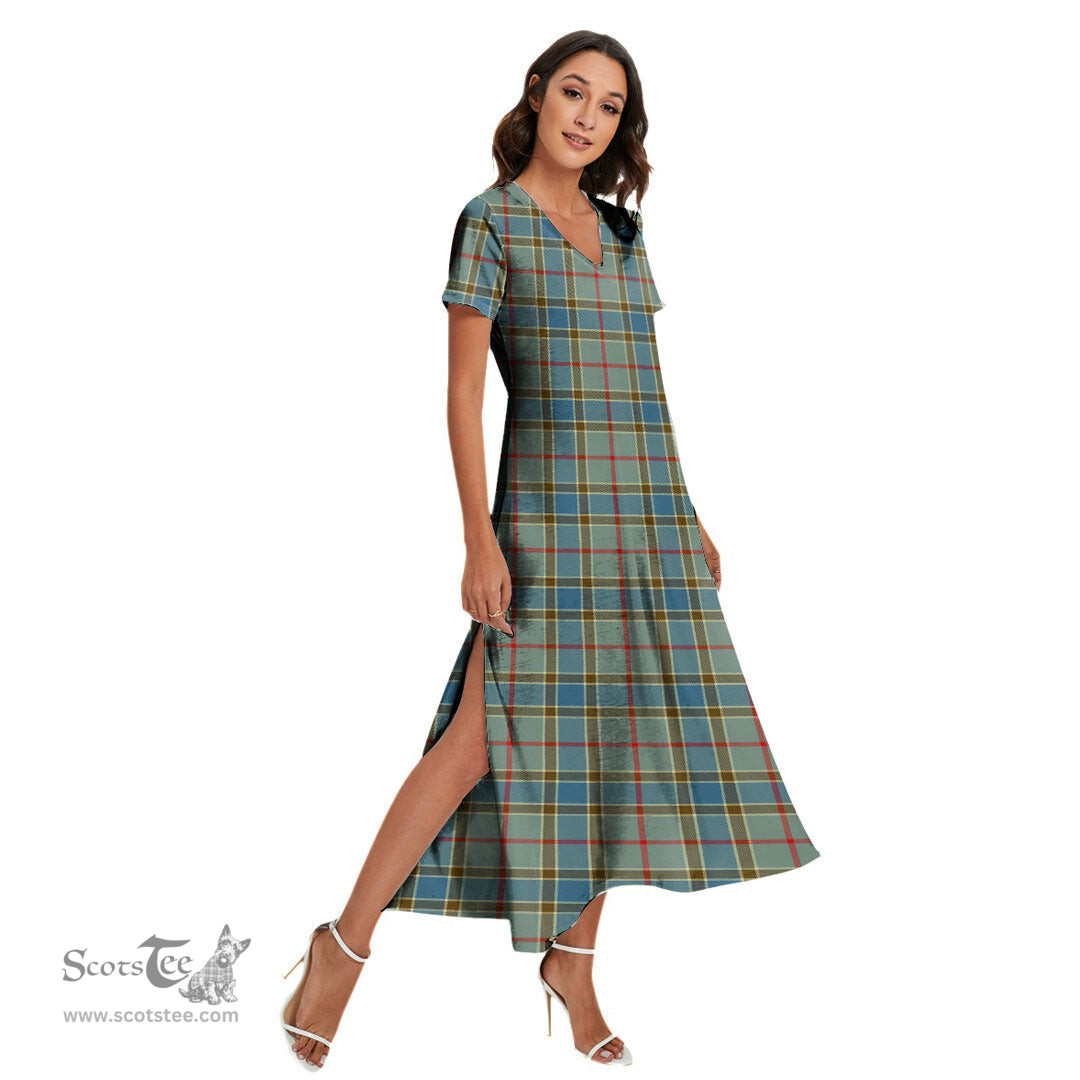 ScotsTee Shop Scottish Balfour Blue Clan Tartan Womens Fitted V-neck Side Slit Maxi Dress