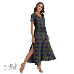 ScotsTee Shop Scottish Ayrshire District Clan Tartan Womens Fitted V-neck Side Slit Maxi Dress