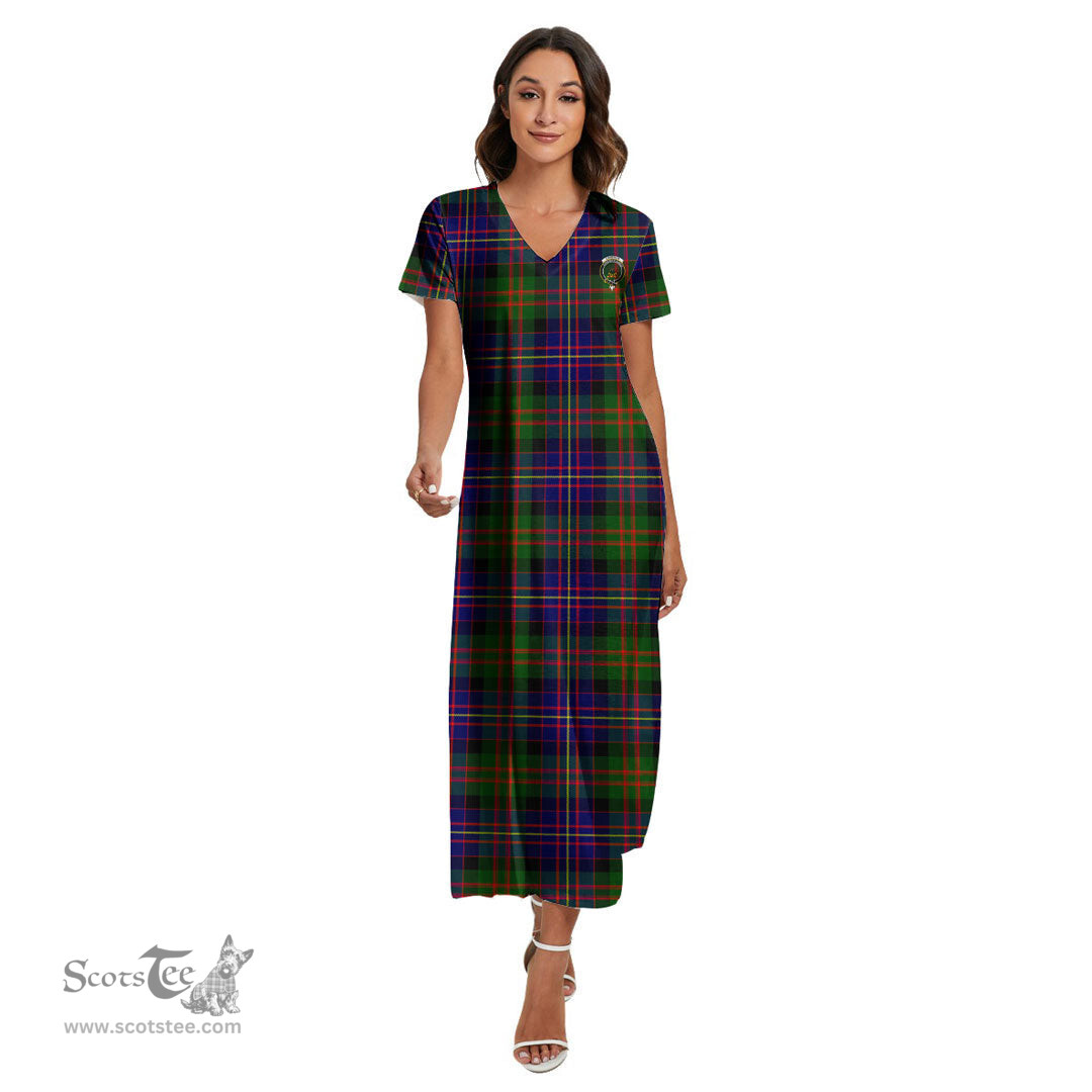 ScotsTee Shop Scottish Cameron of Erracht Modern Clan Crest Tartan Womens Fitted V-neck Side Slit Maxi Dress